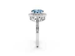 Fancy Blue Oval Cut Diamond Halo Ring Set in White gold with Accent-Lined Split Shank and Prong Setting