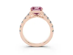 Fancy Pink Asscher Cut Diamond Solitaire Ring Set in Rose gold with Cut-Down Micro Pavé Band and Prong Setting