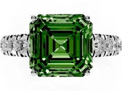 Fancy Green Asscher Cut Diamond Solitaire Ring Set in Silver with Cut-Down Micro Pavé Band and Prong Setting