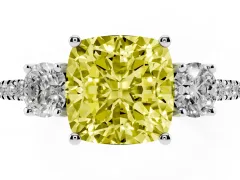 Fancy Yellow Cushion Cut Diamond Three-Stone Ring Set in Platinum with Pavé Band and Graduated Sides