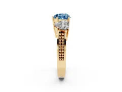 Fancy Blue Heart Cut Diamond Three-Stone Ring Set in Yellow gold with Textured Band