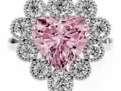 Fancy Pink Heart Cut Diamond Cluster Halo Ring Set in Platinum with Milgrain Bezel Accents and Plain Band