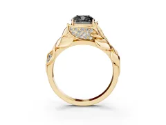 Fancy Black Cushion Cut Diamond Leaf-Inspired Engagement Ring Set in Yellow gold with Round Accents