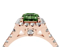 Fancy Green Emerald Cut Diamond Halo Engagement Ring Set in Rose gold with Pavé Band and Prong-Set Center