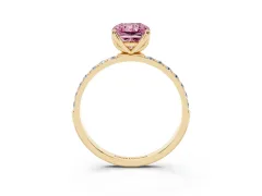 Fancy Pink Radiant Cut Diamond Solitaire Engagement Ring Set in Yellow gold with Round Pavé Band and Prong Setting