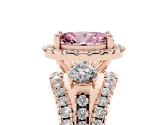 Fancy Pink Oval Cut Diamond Halo Split Shank Ring Set in Rose gold with Round Accent Stones and Prong Setting