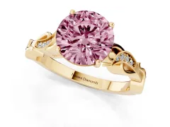 Fancy Pink Round Cut Diamond Vine Band Solitaire Ring Set in Yellow gold with Milgrain Prong Setting