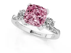 Fancy Pink Cushion Cut Diamond Three-Stone Ring Set in Silver with Pavé Band and Smaller Side Stones