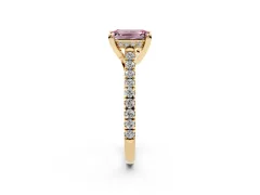 Fancy Pink Emerald Cut Diamond Solitaire Ring Set in Yellow gold with Brilliant Pavé Band and Prong Setting