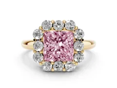 Fancy Pink Princess Cut Diamond Milgrain Halo Solitaire Ring Set in Yellow gold with Bezel Set Side Stones and Pavé Band