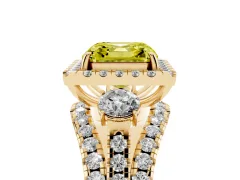 Fancy Yellow Asscher Cut Diamond Halo Split Shank Ring Set in Yellow gold with Round Accent Stones and Prong Setting