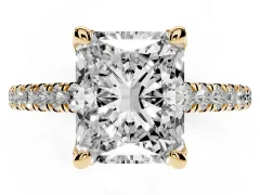 Radiant Cut Diamond Solitaire Ring Set in Yellow gold with Brilliant Pavé Band and Prong Setting