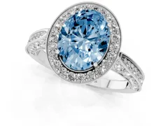 Fancy Blue Oval Cut Diamond Halo Engagement Ring Set in White gold with Accent Split Shank Band
