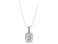 Emerald Cut Halo Diamond Pendant Set in White gold with Pavé Halo