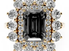 Fancy Black Emerald Cut Diamond Floral Double Halo Ring Set in Yellow gold with Round Petals