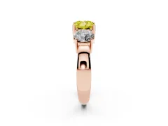 Fancy Yellow Cushion Cut Diamond Three-Stone Ring Set in Rose gold with Round Side Stones and Classic Band
