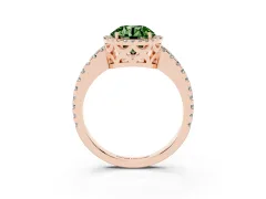 Fancy Green Round Cut Diamond Halo Ring Set in Rose gold with Pavé Shoulders and Halo-Framed Center