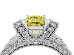 Fancy Yellow Emerald Cut Diamond Milgrain Halo Pavé Engagement Ring Set in White gold with Prong Setting