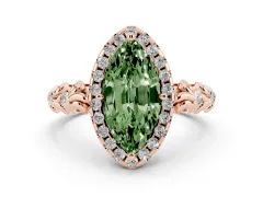 Fancy Green Marquise Cut Diamond Halo Ring Set in Rose gold with Filigree Leaf Band and Prong Setting