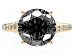 Fancy Black Round Cut Diamond Solitaire Ring Set in Yellow gold with Pavé Accent Band and Classic Prong Setting