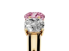 Fancy Pink Cushion Cut Diamond Three-Stone Ring Set in Yellow gold with Plain Polished Band