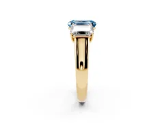 Fancy Blue Emerald Cut Diamond Three-Stone Ring Set in Yellow gold with Plain Polished Band