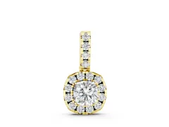 Cushion Cut Diamond Halo Pendant Set in Yellow gold with Four-Prong Center