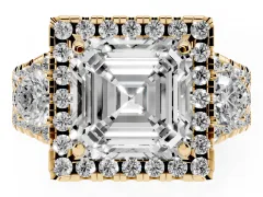 Asscher Cut Diamond Halo Split Shank Ring Set in Yellow gold with Round Accent Stones and Prong Setting