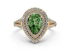 Fancy Green Pear Cut Diamond Double Halo Ring Set in Yellow gold with Pavé Band