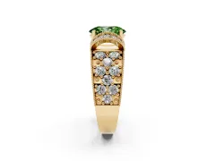 Fancy Green Oval Cut Diamond Milgrain Halo Pavé Engagement Ring Set in Yellow gold with Prong Setting