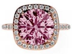 Fancy Pink Round Cut Diamond Halo Engagement Ring Set in Rose gold with Round Pavé Shoulders and Heart Gallery