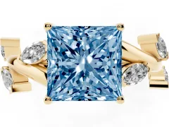 Fancy Blue Princess Cut Diamond Solitaire Ring Set in Yellow gold with Twisted Marquise Accent Band