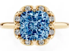 Fancy Blue Cushion Cut Diamond Round Cluster Halo Ring Set in Yellow gold with Solitaire Band and Prong Setting