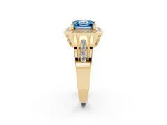 Fancy Blue Asscher Cut Diamond Halo Ring Set in Yellow gold with Pavé and Bezel Accent Split Shank