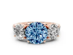 Fancy Blue Round Cut Diamond Three-Stone Ring Set in Rose gold with Pavé Band