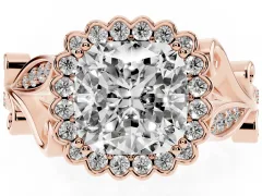 Cushion Cut Diamond Halo Ring Set in Rose gold with Leaf Motif Split Shank and Prong Setting