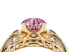 Fancy Pink Round Cut Diamond Art Deco Ring Set in Yellow gold with Pavé Split Shank