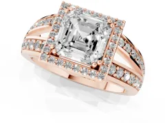 Asscher Cut Diamond Halo Ring Set in Rose gold with Double Pavé Split Shank