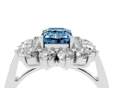 Fancy Blue Emerald Cut Diamond Floral Double Halo Ring Set in Platinum with Round Petals