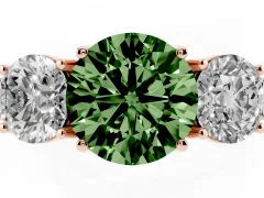 Fancy Green Round Cut Diamond Three-Stone Engagement Ring Set in Rose gold with Milgrain Pavé Band