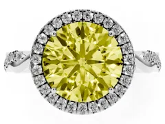Fancy Yellow Round Cut Diamond Halo Twist Band Solitaire Ring Set in White gold with Prong Setting