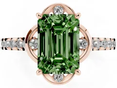 Fancy Green Emerald Cut Diamond Solitaire Ring Set in Rose gold with Pavé Band and Floral Prong Setting