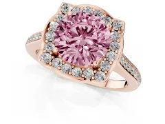 Fancy Pink Round Cut Diamond Halo Ring Set in Rose gold with Pavé-Lined Shoulders and Prong Setting