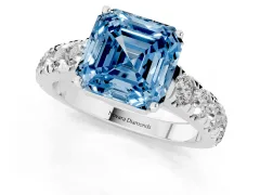 Fancy Blue Asscher Cut Diamond Solitaire Ring Set in Platinum with Cut-Down Micro Pavé Band and Prong Setting