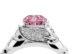 Fancy Pink Cushion Cut Diamond Leaf-Inspired Engagement Ring Set in Platinum with Round Accents