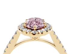 Fancy Pink Marquise Cut Diamond Pavé Halo Engagement Ring Set in Yellow gold with Pavé Band and Prong Setting