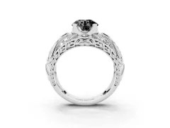 Fancy Black Round Cut Diamond Art Deco Ring Set in Platinum with Pavé Split Shank