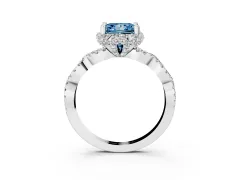 Fancy Blue Princess Cut Diamond Halo Twist Band Solitaire Ring Set in Silver with Prong-Set Center Stone