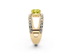 Fancy Yellow Cushion Cut Diamond Split Shank Pavé Solitaire Ring Set in Yellow gold with Open Shank Design