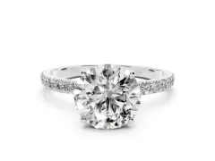 Round Cut Diamond Solitaire Engagement Ring Set in Platinum with Round Pavé Band and Prong Setting